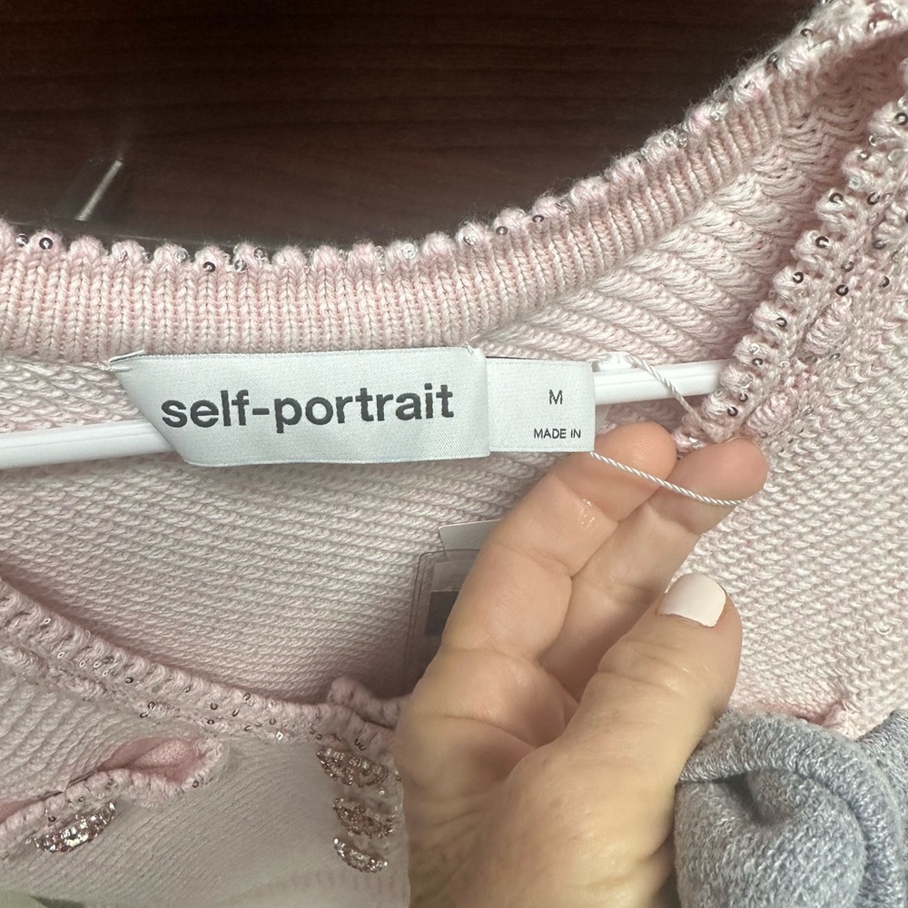 Brand New Self-Portrait Melange Knit Cotton Blend Mini Dress in Light Pink. - Picture 3 of 4